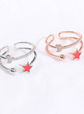 韩版保色可爱星月戒指 甜美百搭双层微镶锆石戒指 开口可调节指环