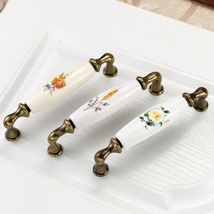 96/128孔距田园欧式花纹陶瓷拉手抽屉橱柜门仿古典把手青古铜拉手