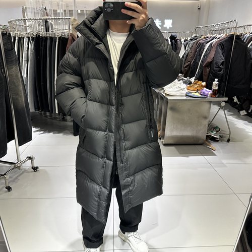 2025冬装潮牌男士连帽长款羽绒服宽松保暖300g高充白鸭绒情侣外套