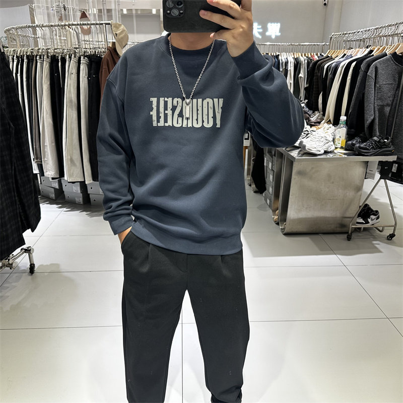 休闲运动冬装男士圆领加绒卫衣宽松弹力保暖字母印花简约套头上衣