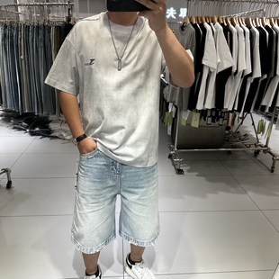 古伦尚夏季潮牌男士圆领短袖T恤宽松弹力水洗做旧扎染刺绣半袖ins