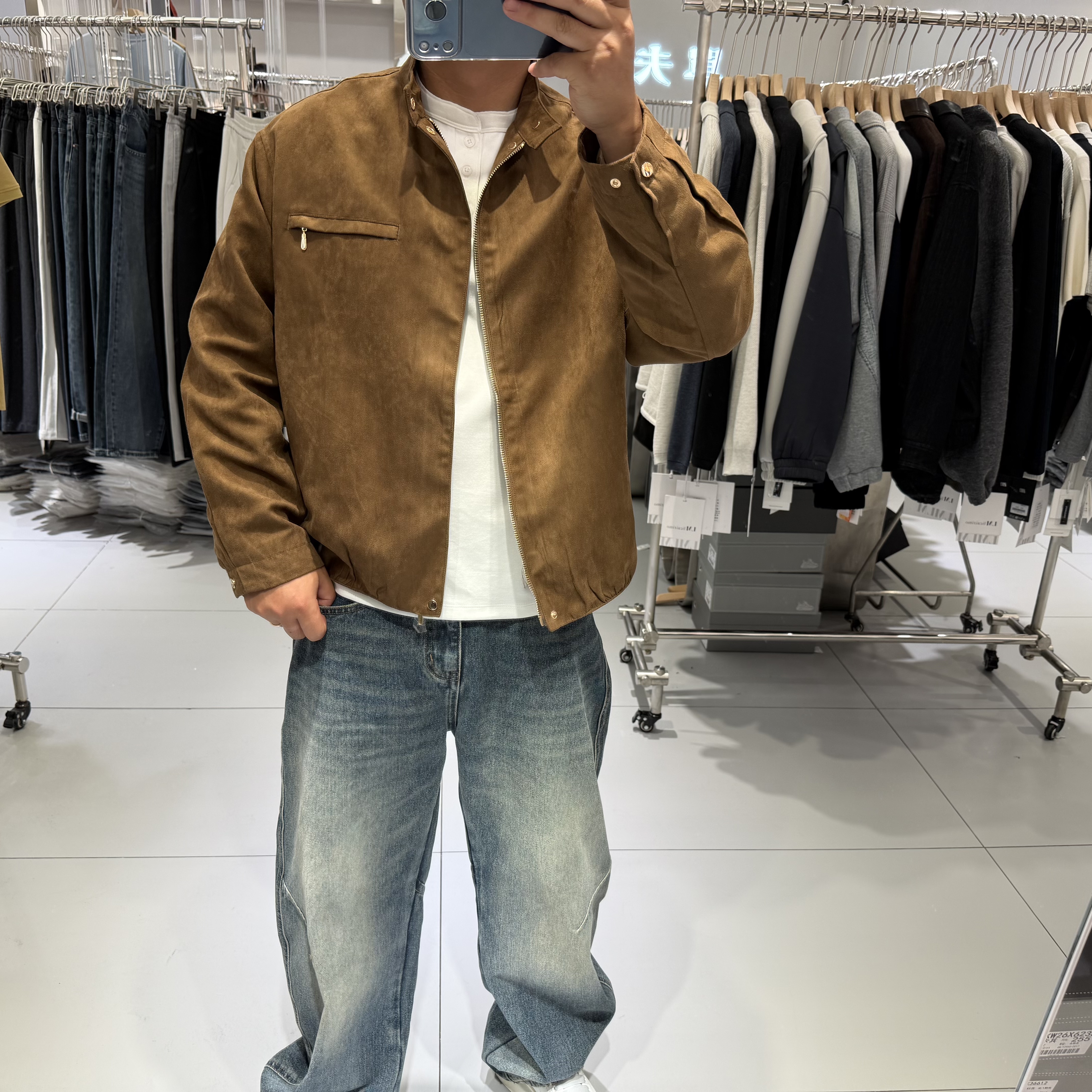 高级感小众高街意式麂皮绒立领外套男生短款秋季夹克复古机车服