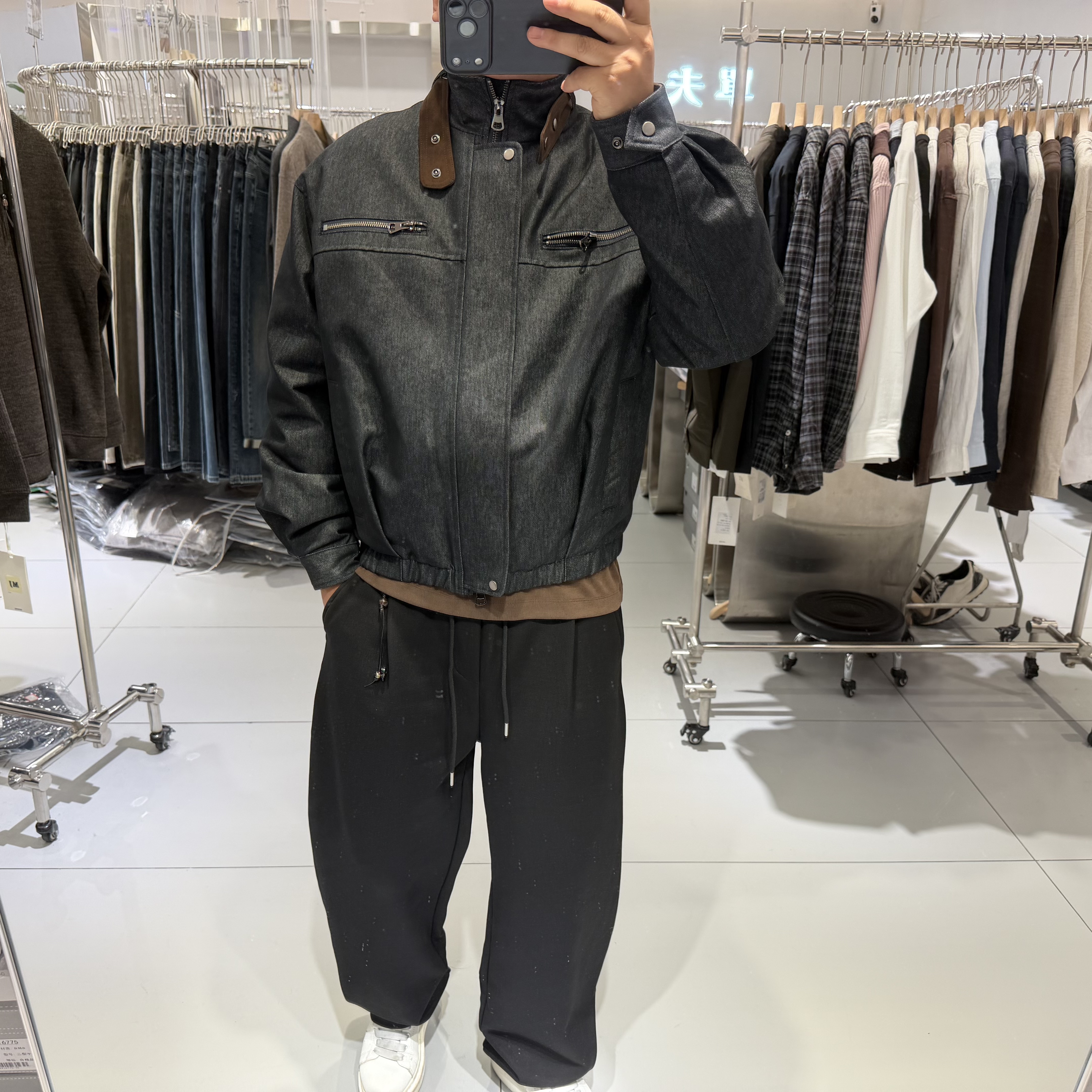 哈灵顿拼接皮领牛仔羽绒服外套男士冬装新款短款立领休闲宽松夹克