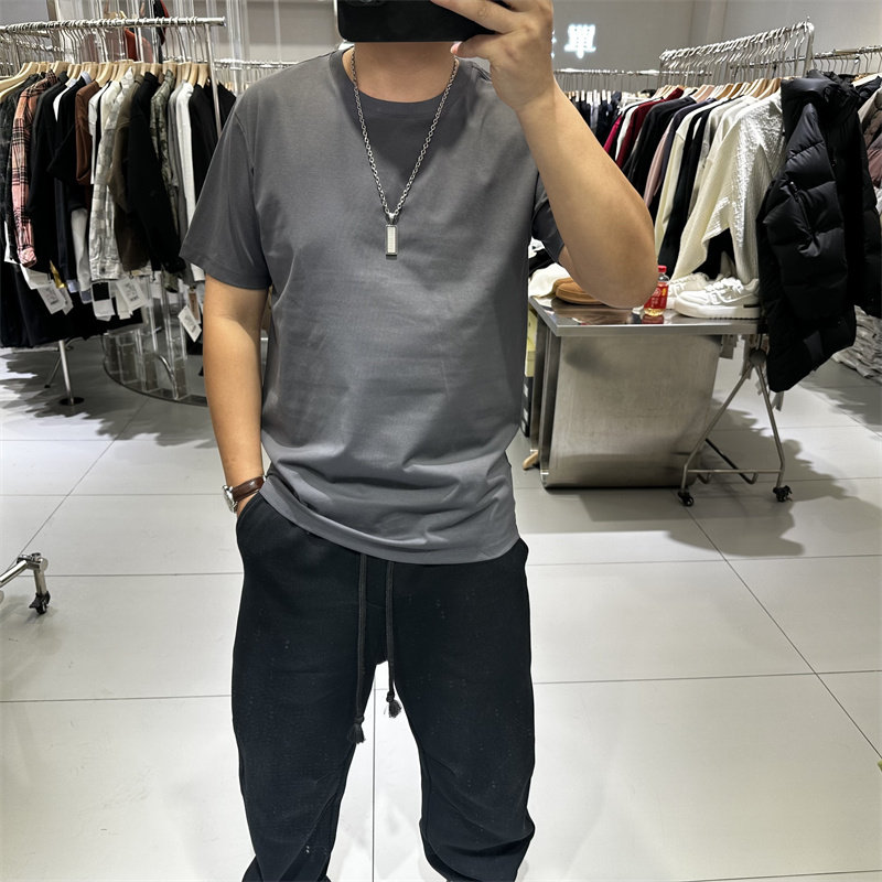 2025夏季新款男士亮色圆领短袖T恤修身弹力简约纯色净版打底高级