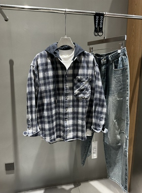 BY2潮牌2026春季男连帽格子衬衫外套宽松休闲可拆卸帽青年百搭ins