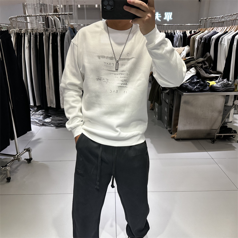 2025冬季新款男士圆领加绒卫衣修身弹力字母印花保暖休闲上衣时尚