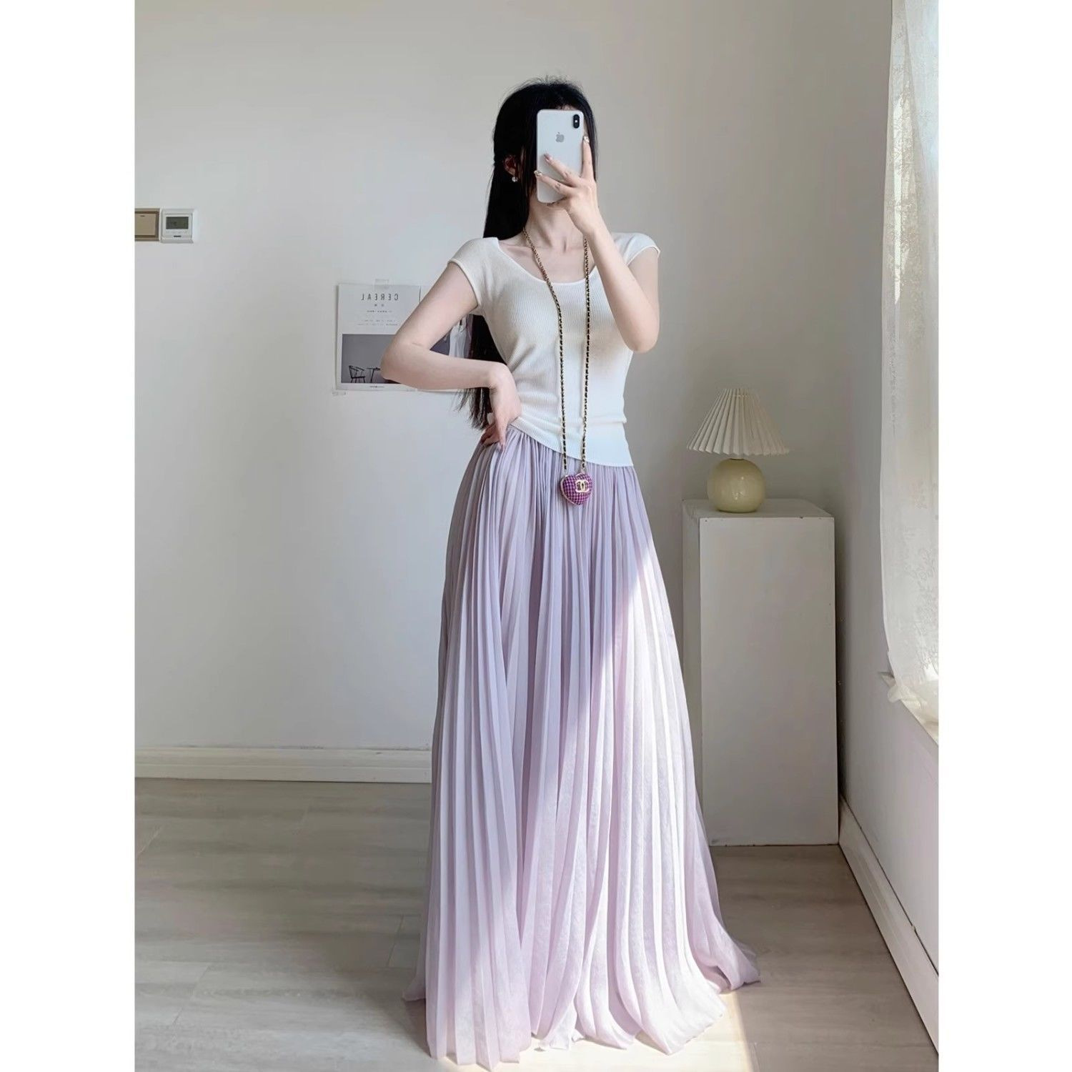 春夏气质高腰风琴百褶裙飘逸垂坠感流光紫色超长款半身裙拖地