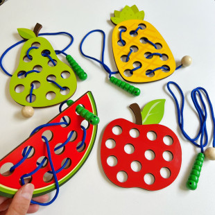 儿童虫吃苹果穿线串珠精细动作训练幼儿园益智区材料水果穿绳玩具