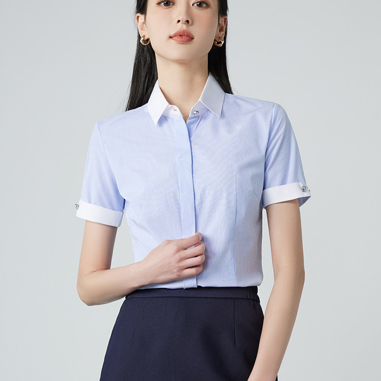 短袖衬衫女夏季气质面试正装银行酒店前台工作服工装衬衣条纹衬衣