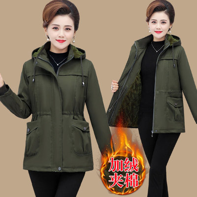 中年胖妈妈秋冬装夹棉加厚外套女中长款棉衣中老年人连帽加绒风衣