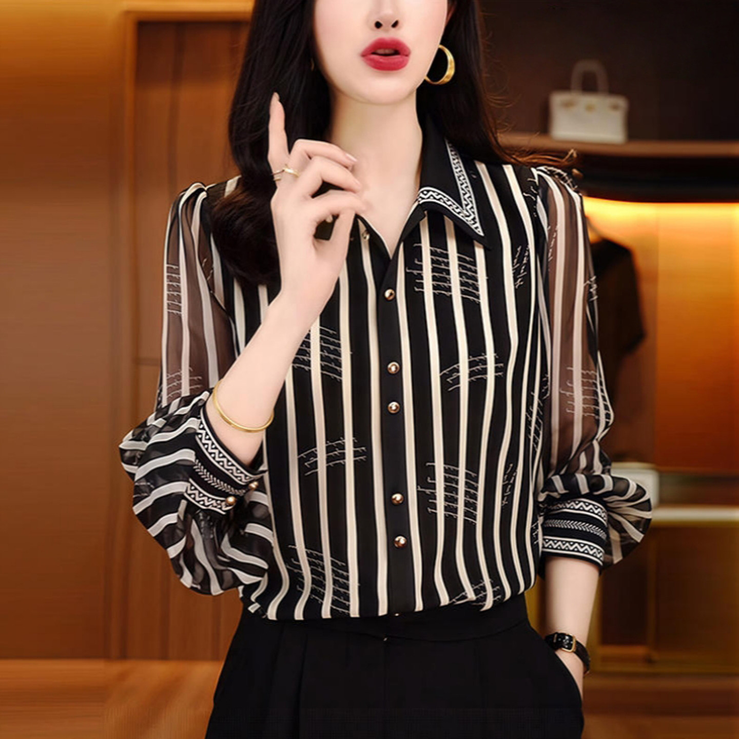 桑蚕丝条纹衬衫女士真丝上衣长袖春夏新款妈妈高级感法式雪纺衬衣