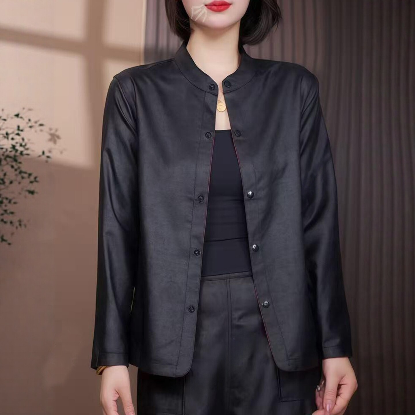 秋装女士双面穿立领上衣复古龟裂纹香云纱宽松显瘦百搭妈妈装外套