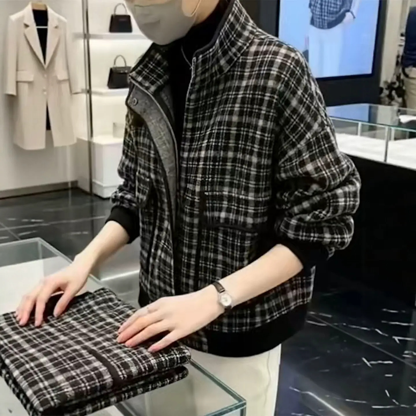 韩系格纹小香风短外套女秋冬气质立领小个子妈妈时尚百搭夹克上衣