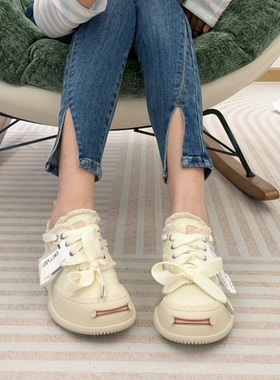 苗与木小众设计檀健次同款开口笑帆布鞋2025增高厚底休闲笑脸板鞋