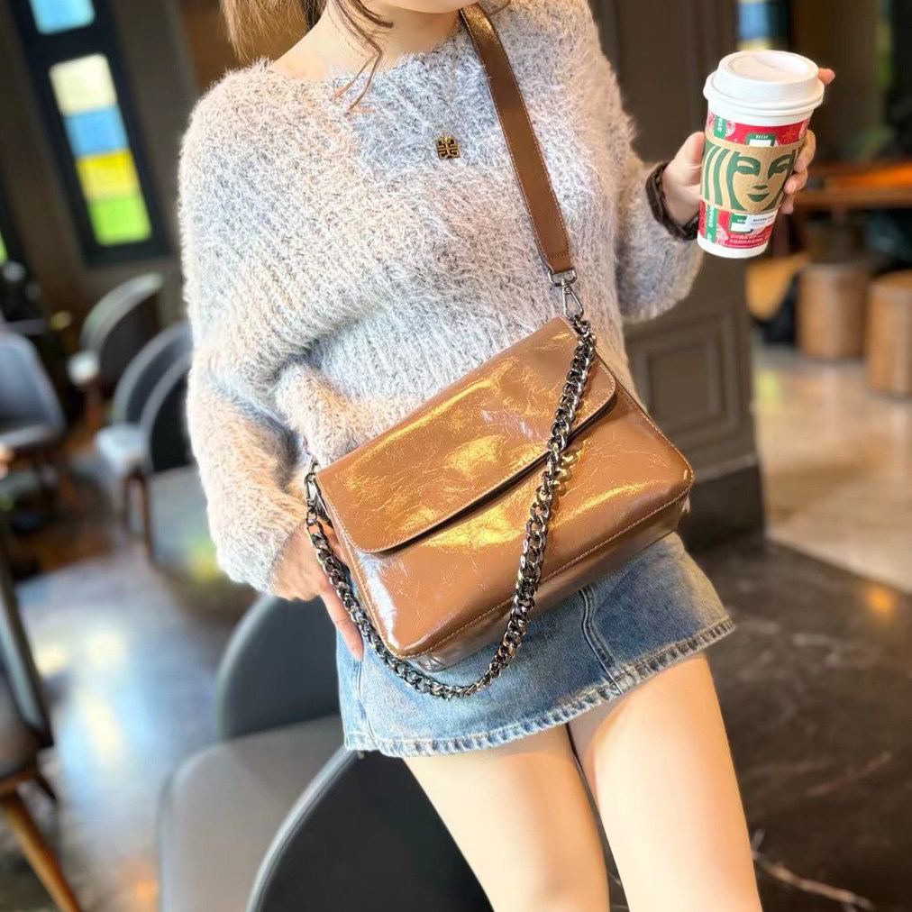 链条腋下斜挎两用包油蜡皮包包女款真皮女包 斜挎包女大容量通勤