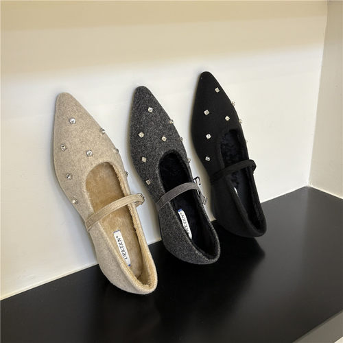 法式复古加绒玛丽珍鞋2025新款气质尖头一字扣内增高通勤毛呢女鞋