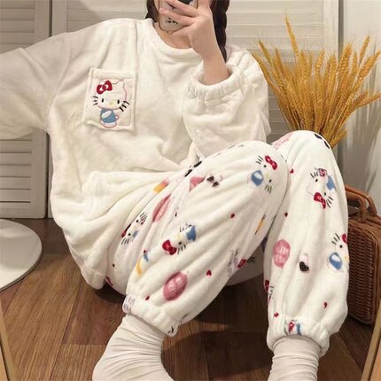 珊瑚绒睡衣女秋冬季2025年新款加厚网红kt猫法兰绒ins家居服套装