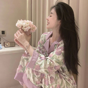 可外穿 睡衣女夏季 冰丝长裤 甜美郁金香高级感家居服丝绸新款 春秋季
