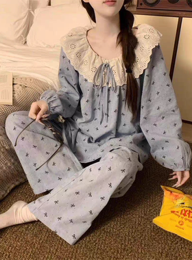 甜美蝴蝶结宫廷风纯棉睡衣女春秋季云朵棉长袖韩版学生家居服套装