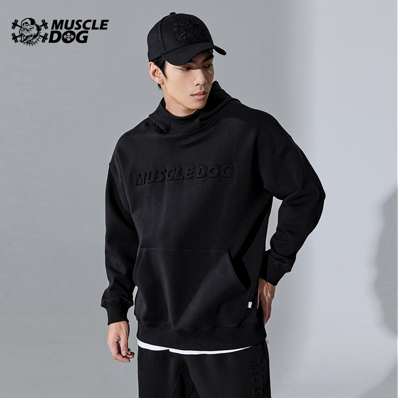肌肉狗 运动卫衣男秋冬空气层3D压花宽松健身衣服连帽套头衫