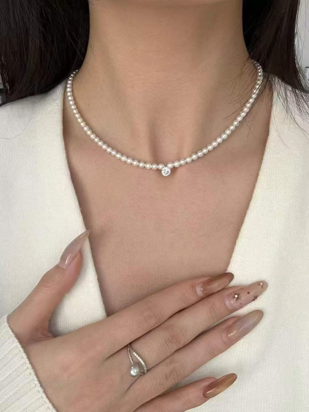 项链925银精工吊坠4-4.5mm大牌同款baby珠项链锁骨链一克拉莫桑钻