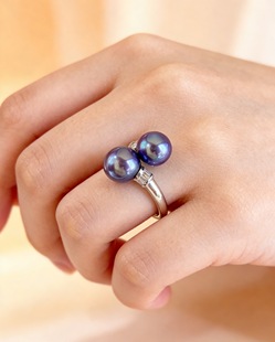 紫气东来925银双珠戒指8mm正圆无暇天然淡水珍珠紫气东来