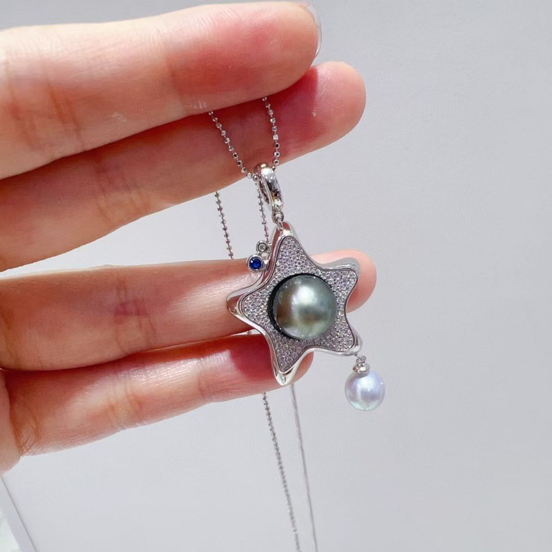 海星珍珠项链925银精工吊坠6-11mm海水珍珠镶嵌万能扣