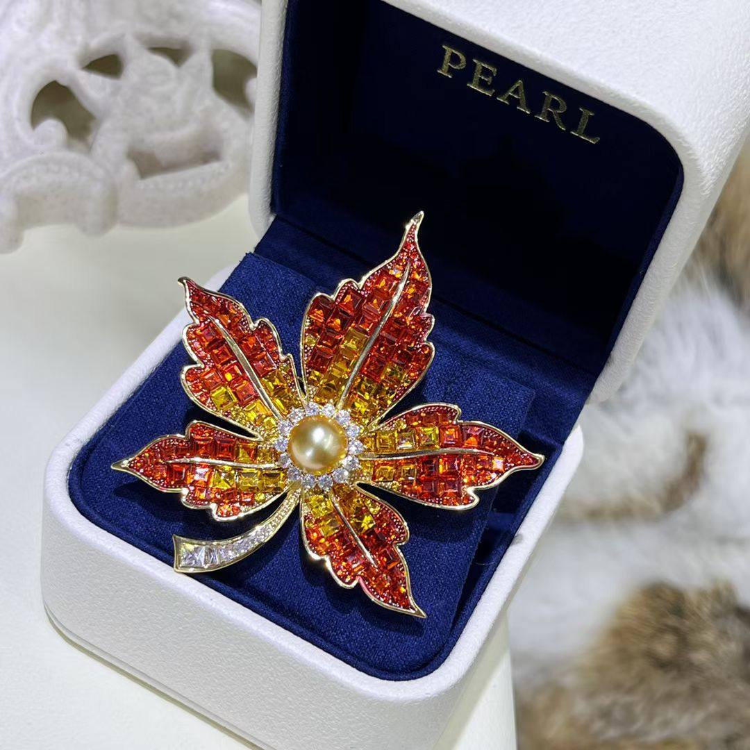 天然金珠8-9mm枫叶胸针设计款精工胸花秋冬大衣搭配