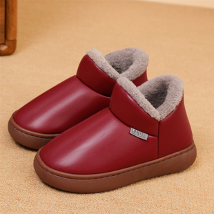 冬季加厚绒男女款中老年保暖棉鞋居家外穿防水皮面防滑包跟棉拖鞋