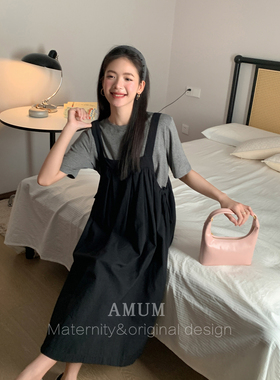 ◆AMUM孕妇装◆轻熟乖乖女~日式精致的休闲感黑色背带宽松连衣裙