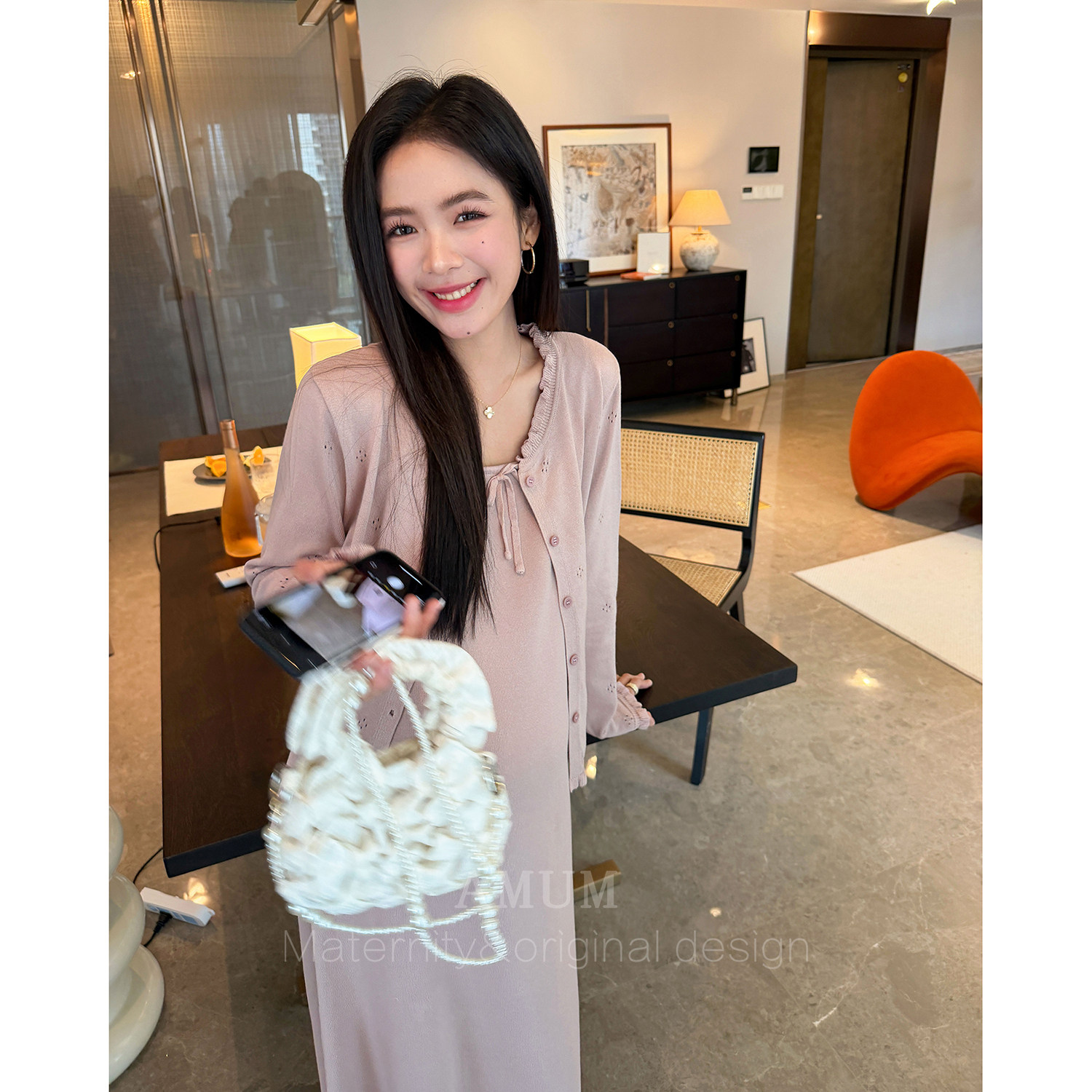 ◆AMUM孕妇装◆半熟蜜桃~甜美粉色花边开衫漂亮针织吊带裙两件套图片