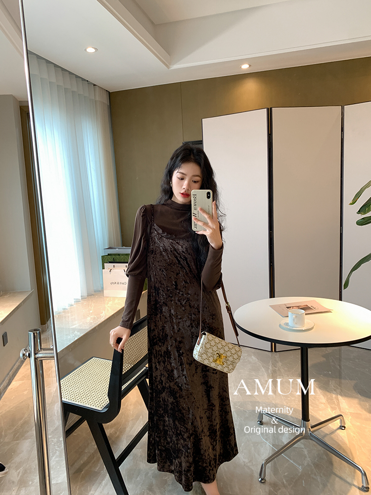 ◆AMUM孕妇装◆沉浸潮汐~人鱼姬丝绒连衣裙秋冬叠穿打底吊带裙