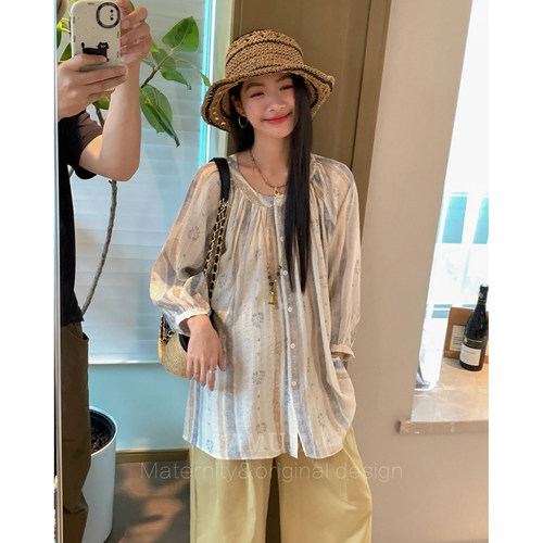 ◆AMUM孕妇装◆蝉鸣夏日~舒适宽松肌理感印花上衣轻薄七分袖衬衫