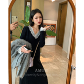 复古氛围 AMUM孕妇装 气质蕾丝拼接黑色显瘦打底针织连衣裙