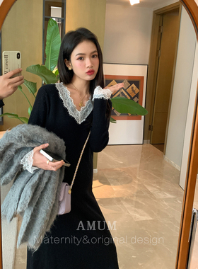 ◆AMUM孕妇装◆复古氛围~气质蕾丝拼接黑色显瘦打底针织连衣裙