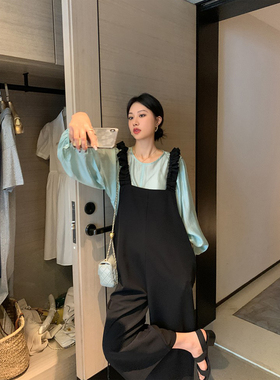 ◆AMUM孕妇装◆私服s~时髦绿色上衣黑色背带阔腿裤九分裤套装