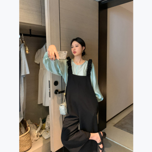 ◆AMUM孕妇装◆私服s~时髦绿色上衣黑色背带阔腿裤九分裤套装