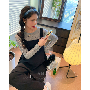 ◆AMUM孕妇装◆雅痞美学~宽松阔腿韩版百搭黑色休闲直筒背带裤
