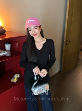 ◆AMUM孕妇装◆轻氧打底衫~黑色正肩v领内搭高弹长袖t恤显瘦上衣