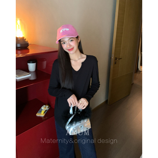 黑色正肩v领内搭高弹长袖 轻氧打底衫 t恤显瘦上衣 AMUM孕妇装