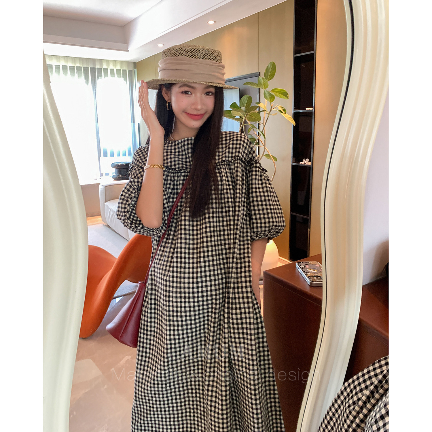 ◆AMUM孕妇装◆俏皮文艺感~日系木耳边娃娃裙森系甜美复古格子裙