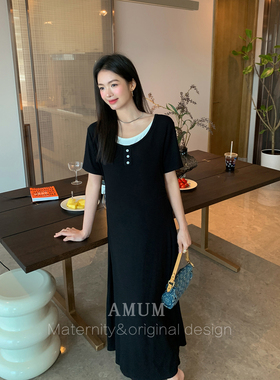 ◆AMUM孕妇装◆撞色私服~黑色休闲连衣裙显瘦假两件简约a字长裙