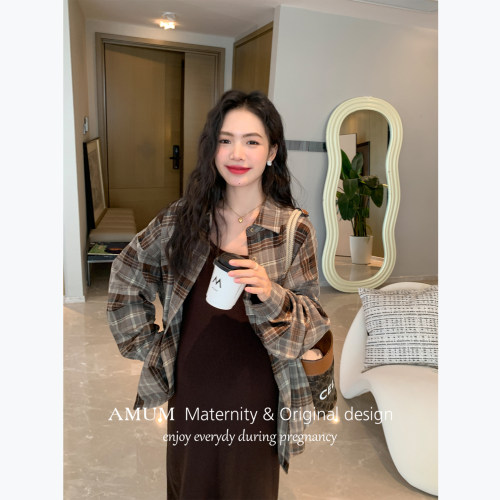 ◆AMUM孕妇装◆榛果拿铁~咖色格纹磨毛宽松衬衫复古百搭气质外套
