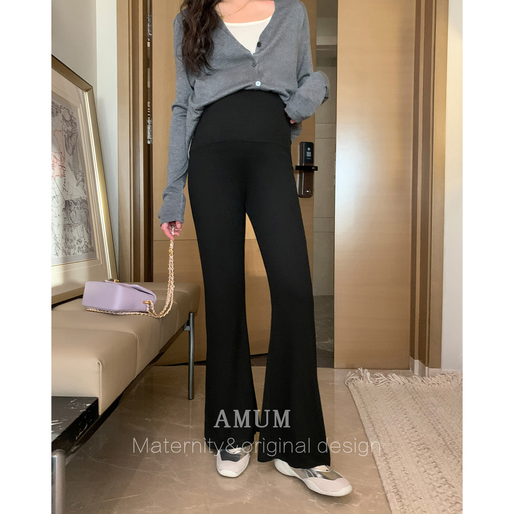 ◆AMUM孕妇装◆显腿长~垂感微喇高腰拖腹休闲裤修身高弹显瘦长裤