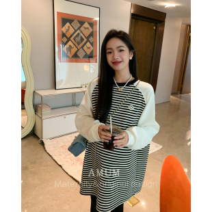 长袖 撞色圆领宽松休闲T恤简约基础款 灵感条纹 打底 AMUM孕妇装