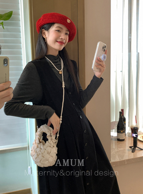 ◆AMUM孕妇装◆首尔恋人~黑色背心裙秋冬叠穿气质宽松复古背带裙