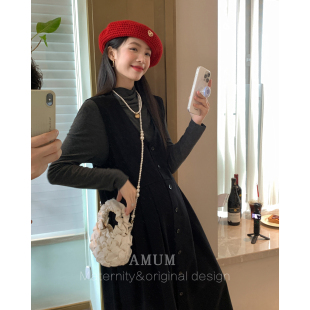首爾戀人 黑色背心裙秋冬疊穿氣質寬松復古背帶裙 AMUM孕婦裝