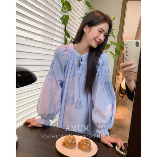 显白流苏系带衬衣灯笼袖 法式 等一个晴天 宽松上衣 AMUM孕妇装