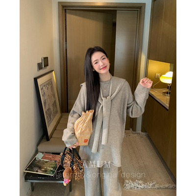 ◆AMUM孕妇装◆米兰往事~秋冬休闲上衣慵懒厚针织披肩阔腿裤套装