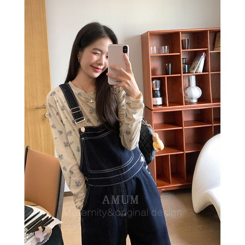 ◆AMUM孕妇装◆减龄秘籍~复古深蓝明线宽松牛仔背带裤阔腿直筒裤